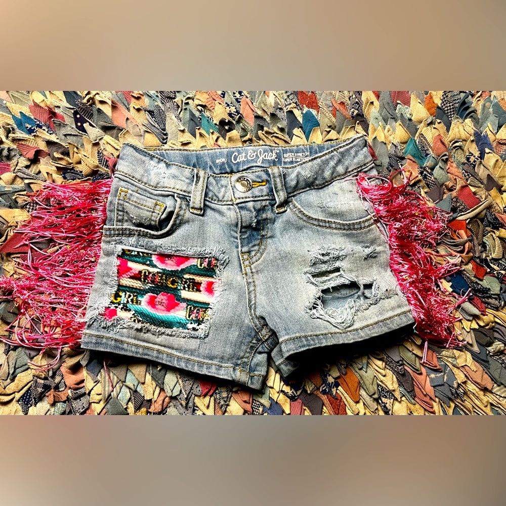 Cat & Jack Super Stretch Denim Shorts with Pink Fringe & Patch, Size XS-4/5